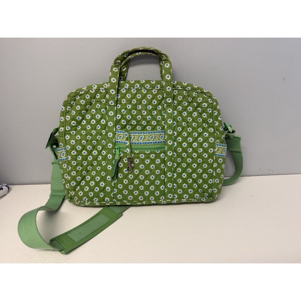 Vera Bradley Daisy Green Quilted Laptop Messenger Bag Crossbody Work Tote